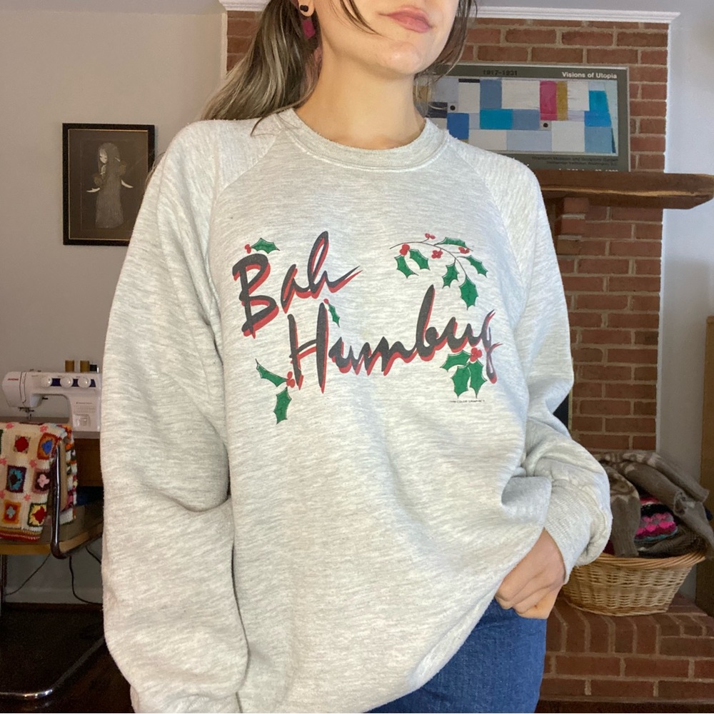 Vintage 1986 Bah Humbug Oversized Raglan Crewneck Sweatshirt Heather Chr…
